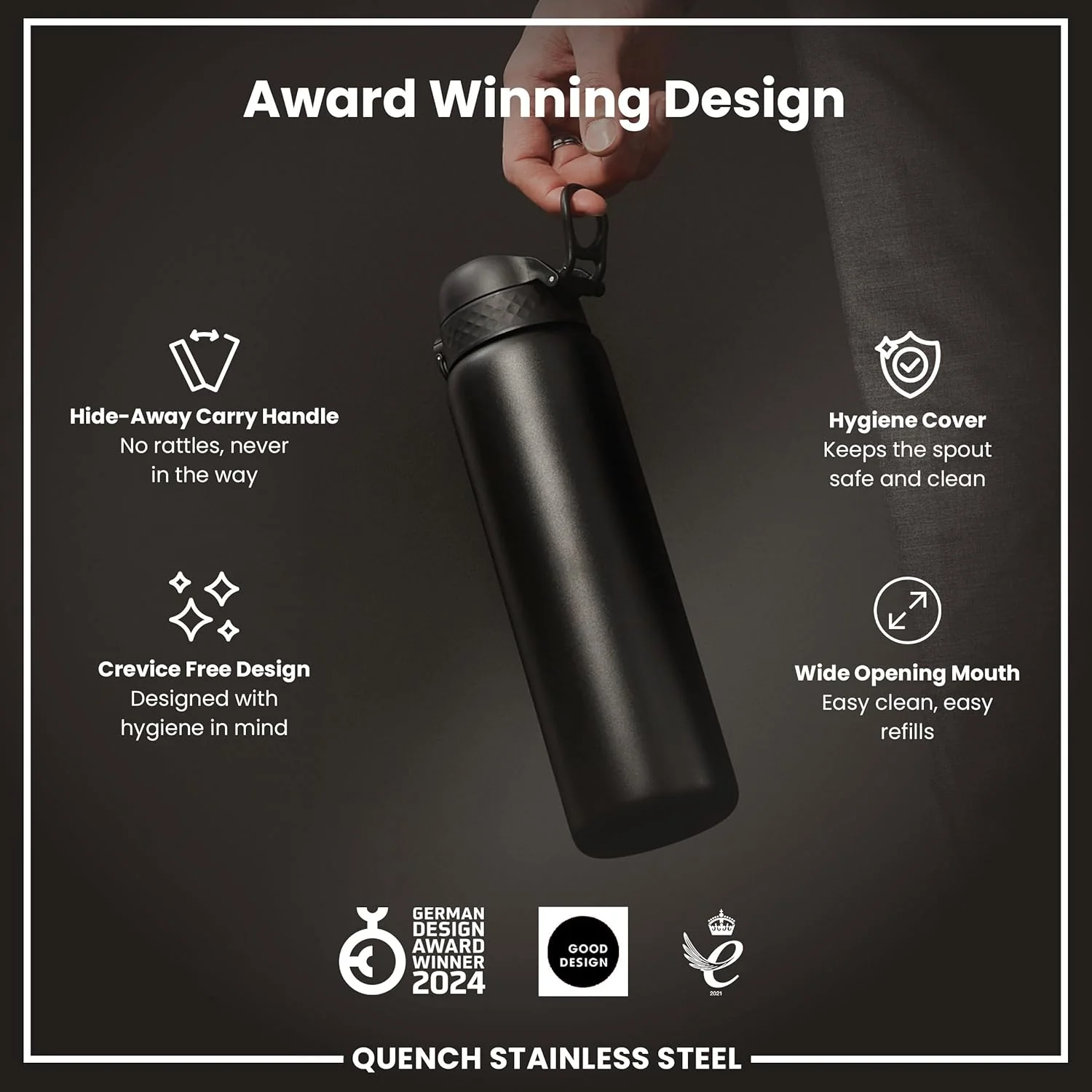 Quench 1 Litre Stainless Steel Water Bottle 1200 ml/40 oz Black - Image 8